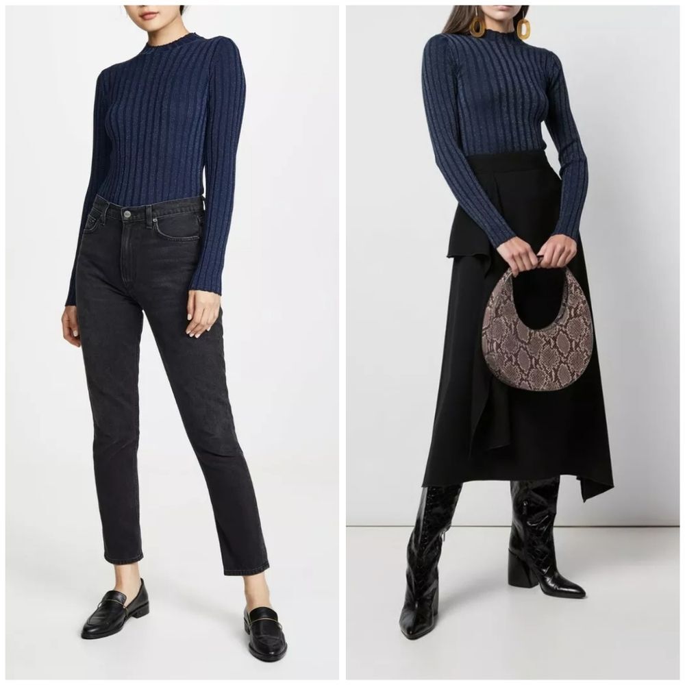 Vince Wool Ribbed Mock Neck Sweater in Blue - Picture 3 of 13